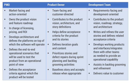 Table 1 — Typical PMO, product owner, and development team roles.