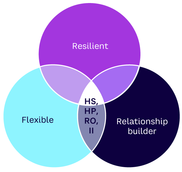 Figure 2.  The intersection of resiliency, flexibility, and relationship building is a high-spirited (HS), high-performing (HP), results-oriented (RO), intentionally inclusive (II) business