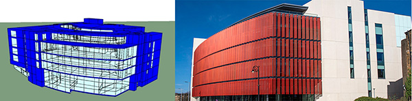 Figure 1. Model vs. real image of James McCune Smith Learning Hub (source: IES [left] and the University of Glasgow [right])