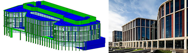 Figure 2. Model vs. real image of the University of Glasgow library (source: IES [left] and the University of Glasgow [right])