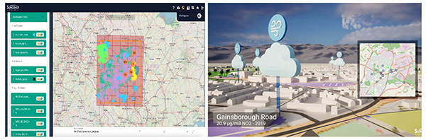 Figure 5. Example visualization of the relationship between disparate data sets across land use and ownership, energy systems, walking and cycling routes, and weather phenomena (left); a snapshot of a 3D flyover over the town of Corby, North Northamptonshire, to help engage with local stakeholders (right)