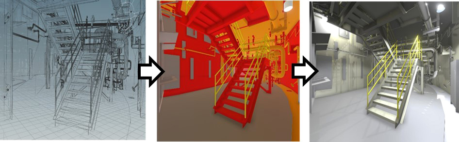 Figure 2. Imported CAD model (left), with material properties tagged (middle), and with final light-ing/shading added (right)