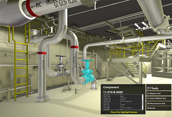 Figure 4. A view of the digital twin; information related to the valve in cyan displays in a pop-up dialog box when a user clicks on the valve