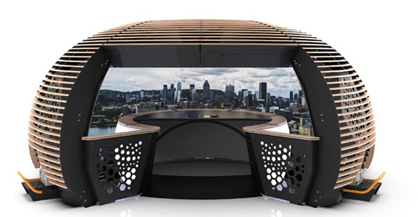 Figure 5. The 22-foot diameter immersive theater uses curved mirrors and projectors combined with a curved front projection screen to provide immersive 3D visuals for up to 5 users