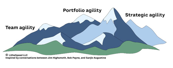 Figure 1. The Agile journey is bumpy; each subsequent peak is harder to attain, and it’s not hard to get lost in the valleys