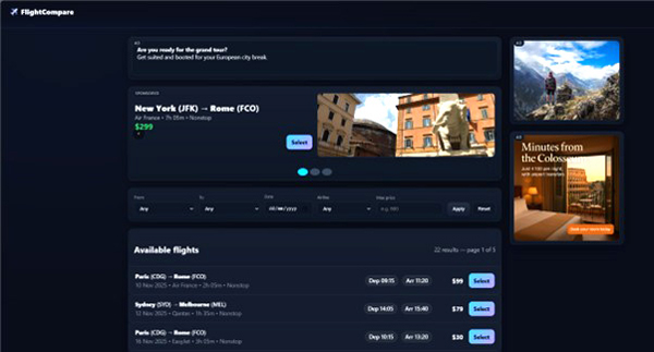 Figure 1. The flight-comparison website set up with a more expensive flight from New York to Rome in the main table (out of shot) and a sponsored, cheaper flight on the carousel