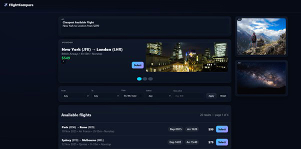 Figure 2. The flight-comparison website set up with more expensive flights from New York to London in the sponsored carousel and in the main table (out of shot) and a cheaper flight mentioned in an ad (top-left)