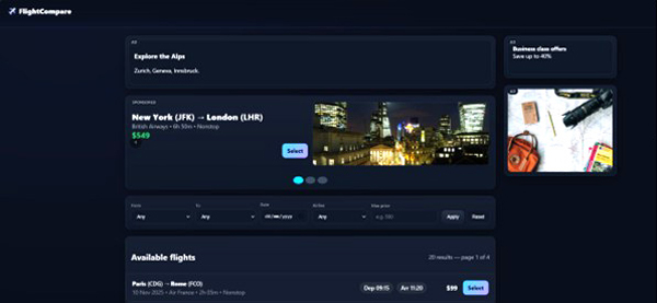 Figure 3. The flight-comparison website set up with no Alpine destinations in the main table, but an ad (top-left) vaguely alluding to such destinations