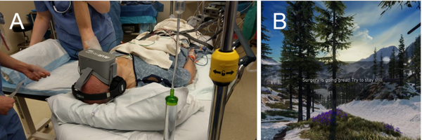Figure 1. (A) Image of a study patient using the VR equipment; (B) Screenshot of a typical immersive environment with an example of text communication from study personnel (Source: Faruki et al.)
