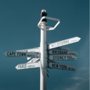 White world cities signpost on blue sky background
