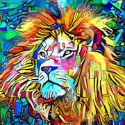 colorful painting of a wild-maned lion