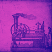 steam engine line drawing in purple on fuschia background