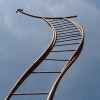 Twisting metal ladder reaching toward sky with metal arrow pointing upwards on top rung